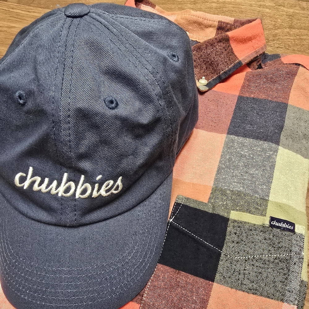 2pc Chubbies The IPlaid Stretch Flannel Long Sleeve Button Down Shirt & Hat Sz L